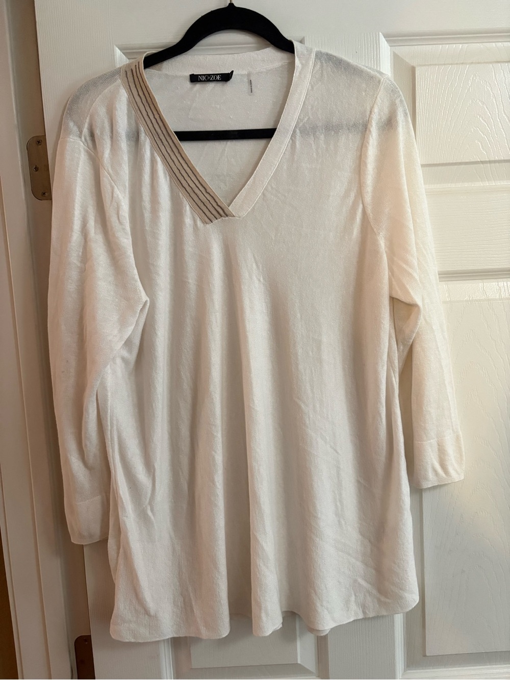 Nic+Zoe 60% linen v neck 3/4 sleeve blouse top cream lagenlook quiet luxury XL